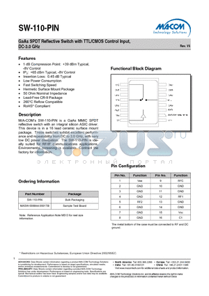SW-110-PIN datasheet - GaAs SPDT Reflective Switch with TTL/CMOS Control Input, DC-3.0 GHz