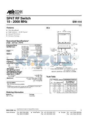 SW-114 datasheet - SP4T RF Switch 10 - 2000 MHz