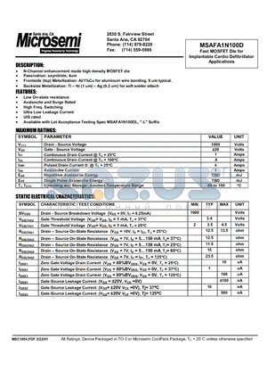 MSAFA1N100D datasheet - Fast MOSFET Die for Implantable Cardio Defibrillator Applications