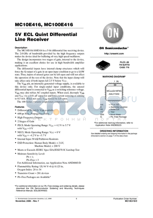 MC100E416FNG datasheet - 5V ECL Quint Differential Line Receiver