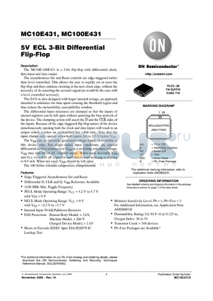 MC100E431FNR2G datasheet - 5V ECL 3-Bit Differential Flip-Flop