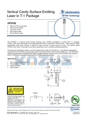 OPV332 datasheet - Vertical Cavity Surface Emitting Laser in T-1 Package