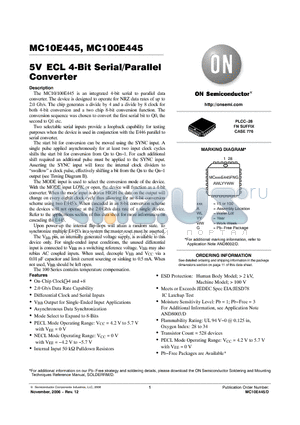 MC100E445FNR2G datasheet - 5V ECL 4-Bit Serial/Parallel Converter