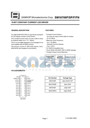 SM16706SP datasheet - 16-BIT CONSTANT CURRENT LED DRIVER