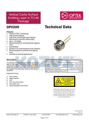 OPV200 datasheet - Vertical Cavity Surface Emitting Laser in TO-46 Package
