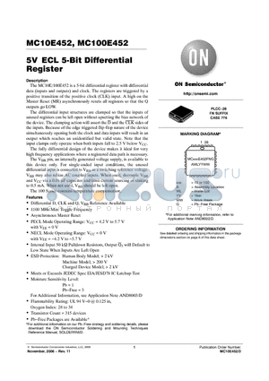 MC100E452FNR2 datasheet - 5V ECL 5-Bit Differential Register