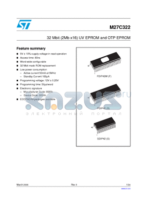 M27C322-100B1 datasheet - 32 Mbit (2Mb x16) UV EPROM and OTP EPROM