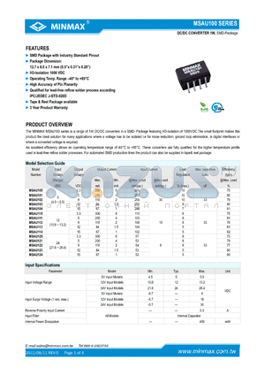 MSAU105 datasheet - DC/DC CONVERTER 1W, SMD Package with Industry Standard Pinout