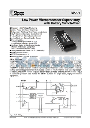SP791EN datasheet - Low Power Microprocessor Supervisory with Battery Switch-Over