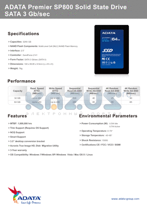 SP800 datasheet - ADATA Premier SP800 Solid State Drive SATA 3 Gb/sec