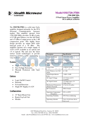 SM1720-37HS datasheet - 1700-2000 MHz 5 Watt Linear Power Amplifier