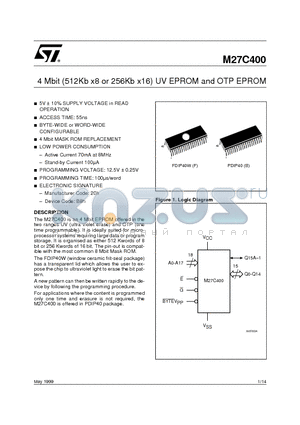 M27C400-100XB6TR datasheet - 4 Mbit 512Kb x8 or 256Kb x16 UV EPROM and OTP EPROM