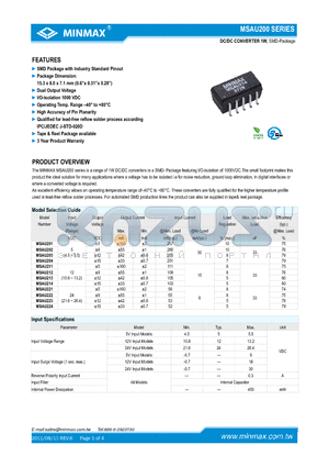 MSAU212 datasheet - DC/DC CONVERTER 1W, SMD Package with Industry Standard Pinout