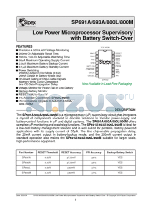 SP800MCN datasheet - Low Power Microprocessor Supervisory with Battery Switch-Over