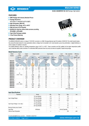MSAU308 datasheet - DC/DC CONVERTER 1W, SMD Package with Industry Standard Pinout