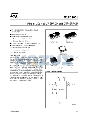 M27C4001-10B1 datasheet - 4 Mbit 512Kb x 8 UV EPROM and OTP EPROM