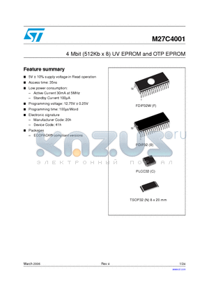 M27C4001-10B6 datasheet - 4 Mbit (512Kb x 8) UV EPROM and OTP EPROM