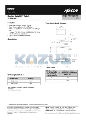 SW-215-PIN datasheet - Matched GaAs SPST Switch, 5 - 3000 MHz