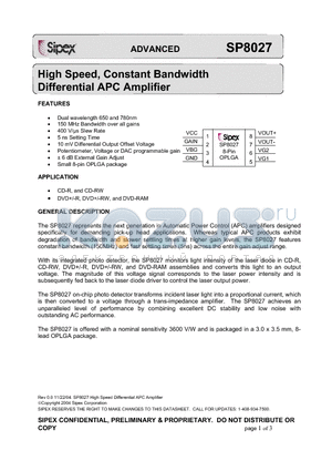SP8027CG datasheet - High Speed, Constant Bandwidth Differential APC Amplifier