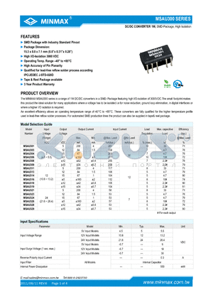 MSAU314 datasheet - DC/DC CONVERTER 1W, SMD Package with Industry Standard Pinout