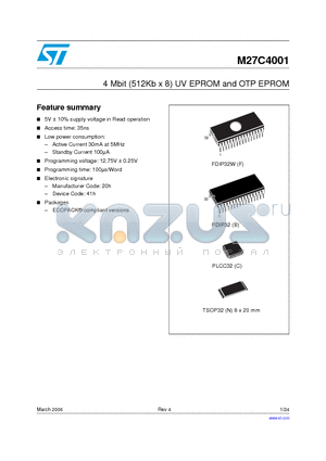 M27C4001-10N6 datasheet - 4 Mbit (512Kb x 8) UV EPROM and OTP EPROM