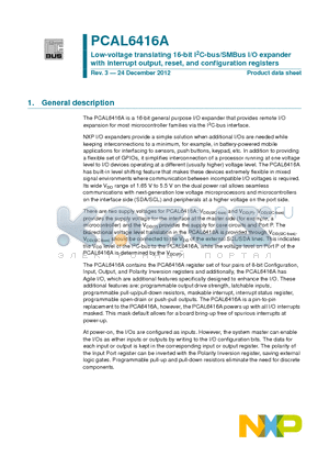 PCAL6416AEX datasheet - Low-voltage translating 16-bit I2C-bus/SMBus I/O expander with interrupt output, reset, and configuration registers