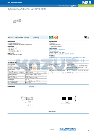 MSB datasheet - Surface Mount Fuse, 7 x 2 mm, Time-Lag T, 125 VAC, 125 VDC