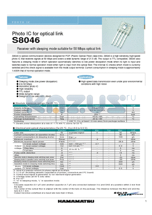 S8046 datasheet - Photo IC for optical link