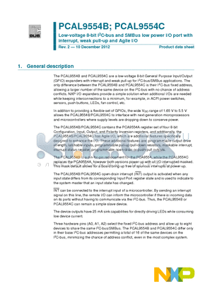 PCAL9554B datasheet - Low-voltage 8-bit I2C-bus and SMBus low power I/O port with interrupt, weak pull-up and Agile I/O