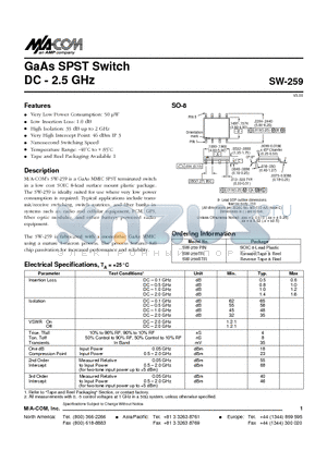 SW-259PIN datasheet - GaAs SPST Switch DC - 2.5 GHz