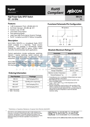 SW-276T1 datasheet - High Power GaAs SPDT Switch DC - 3.0 GHz