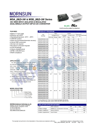 MSB1224MD-3W datasheet - DUAL/SINGLE OUTPUT DIP DC-DC CONVERTER