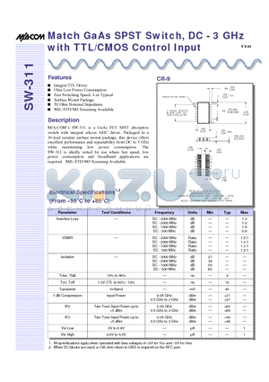 SW-311PIN datasheet - Match GaAs SPST Switch, DC - 3 GHz with TTL/CMOS Control Input