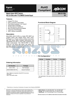 SW-311-PIN datasheet - Matched GaAs SPDT Switch, DC - 3.0 GHz with TTL/CMOS Control Input