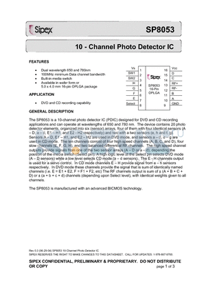 SP8053 datasheet - 10 - Channel Photo Detector IC