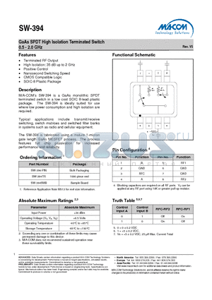 SW-394SMB datasheet - GaAs SPDT High Isolation Terminated Switch 0.5 - 2.0 GHz