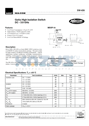 SW-439PIN datasheet - GaAs High Isolation Switch DC - 3.0 GHz