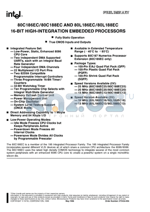 S80C186EC20 datasheet - 16-BIT HIGH-INTEGRATION EMBEDDED PROCESSORS