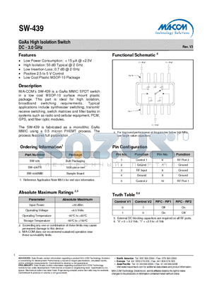 SW-439TR datasheet - GaAs High Isolation Switch DC - 3.0 GHz
