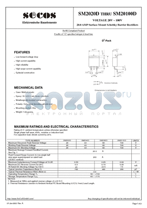 SM20100D datasheet - 20.0 AMP Surface Mount Schottky Barrier Rectifiers