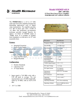 SM2025-41LS datasheet - 2000 - 2500 MHz 12 Watt Ultra-Linear Power Amplifier