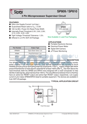 SP809N datasheet - 3 Pin Microprocessor Supervisor Circuit