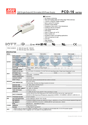 PCD-16-1050 datasheet - 16W Single Output AC Dimmable LED Power Supply