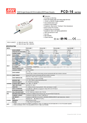PCD-16-350 datasheet - 16W Single Output AC Dimmable LED Power Supply