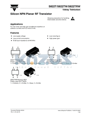 S822TRW datasheet - Silicon NPN Planar RF Transistor