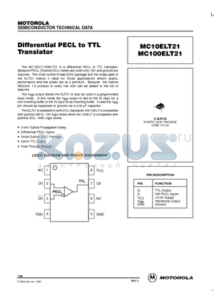 MC100ELT21 datasheet - Differential PECL to TTL Translator