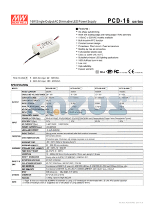 PCD-16-700 datasheet - 16W Single Output AC Dimmable LED Power Supply
