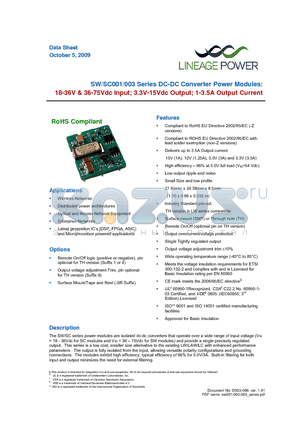 SW003A0A9 datasheet - SW/SC001/003 Series DC-DC Converter Power Modules 18-36V & 36-75Vdc Input; 3.3V-15Vdc Output; 1-3.5A Output Current