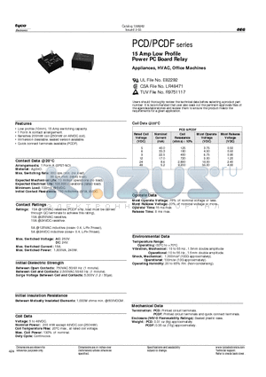 PCD124D1MH000 datasheet - 15 Amp Low Profile Power PC Board Relay