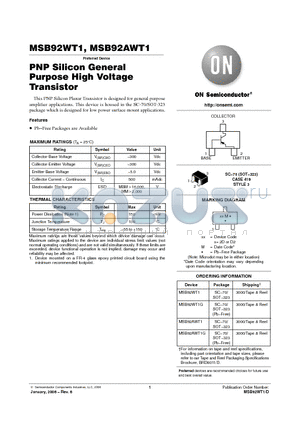 MSB92AWT1G datasheet - PNP Silicon General Purpose High Voltage Transistor